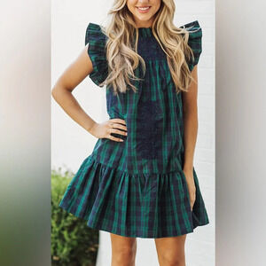 NWT The Joyce Ruffle Neck Dress Hunter Navy & Green Plaid Size Small